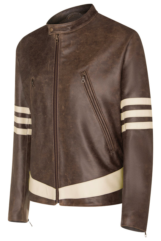 X-Men 1 Wolverine Style Leather Jacket with Cream Stripes As Worn by Hugh Jackman