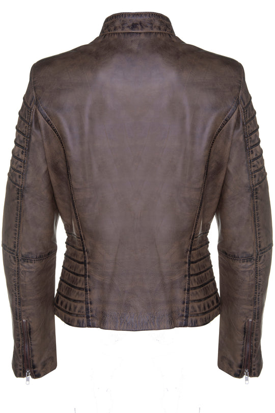 Ladies Classic Biker Jacket Brown Worn Look Lambskin 9393