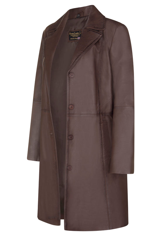 LADIES Brown ¾ LEATHER COAT CLASSIC 3/4 KNEE-LENGTH