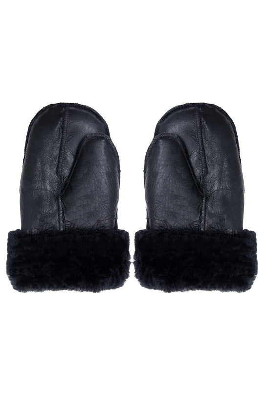 B3 Style Black & Black Fur Sheepskin Leather WW2 Mittens