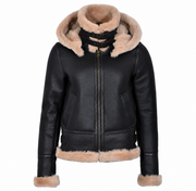 Woman’s Hooded Sheepskin Jacket Aviator B3 Style Brown / Beige (Erin)