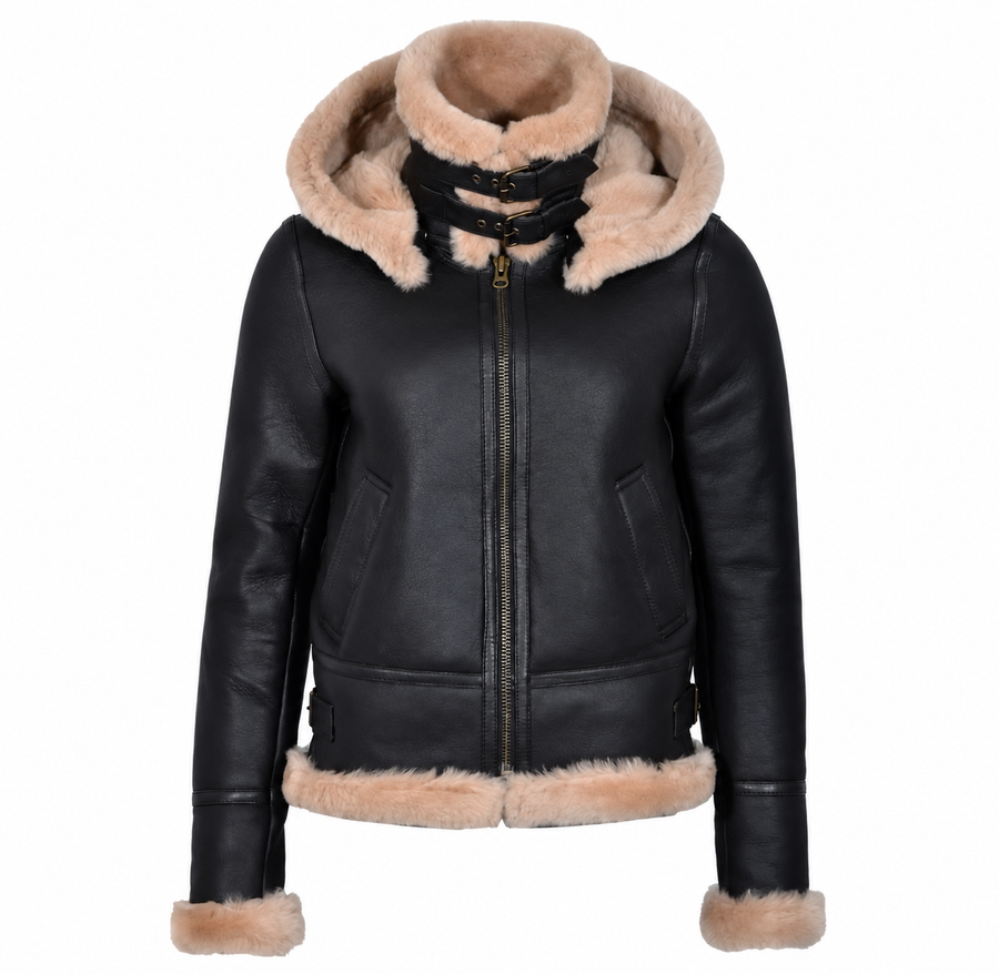 Woman’s Hooded Sheepskin Jacket Aviator B3 Style Brown / Beige (Erin)