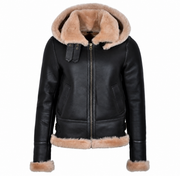 Woman’s Hooded Sheepskin Jacket Aviator B3 Style Brown / Beige (Erin)
