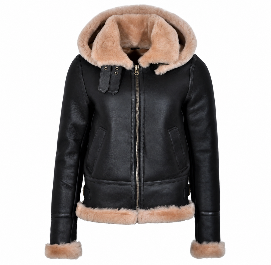 Woman’s Hooded Sheepskin Jacket Aviator B3 Style Brown / Beige (Erin)