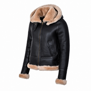 Woman’s Hooded Sheepskin Jacket Aviator B3 Style Brown / Beige (Erin)