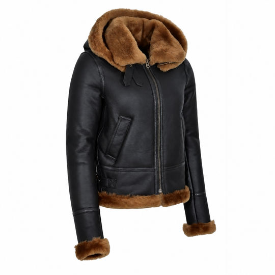 Woman’s Hooded Sheepskin Jacket Aviator B3 Style Brown / Ginger (Erin)
