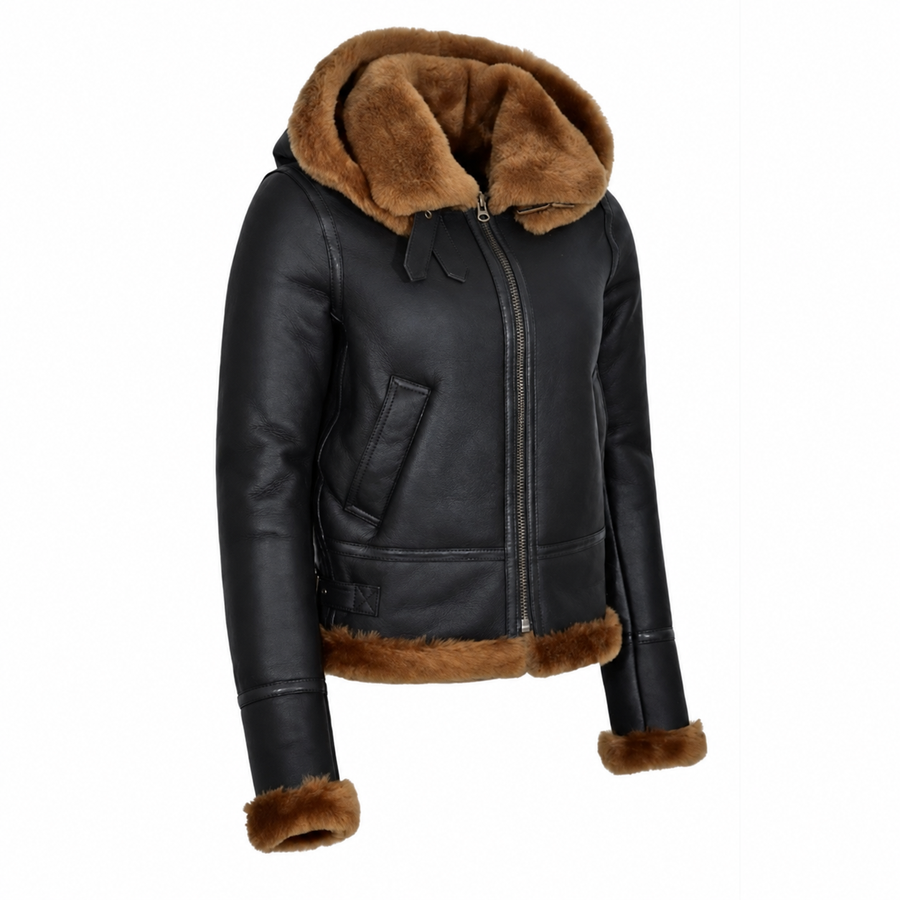 Woman’s Hooded Sheepskin Jacket Aviator B3 Style Brown / Ginger (Erin)