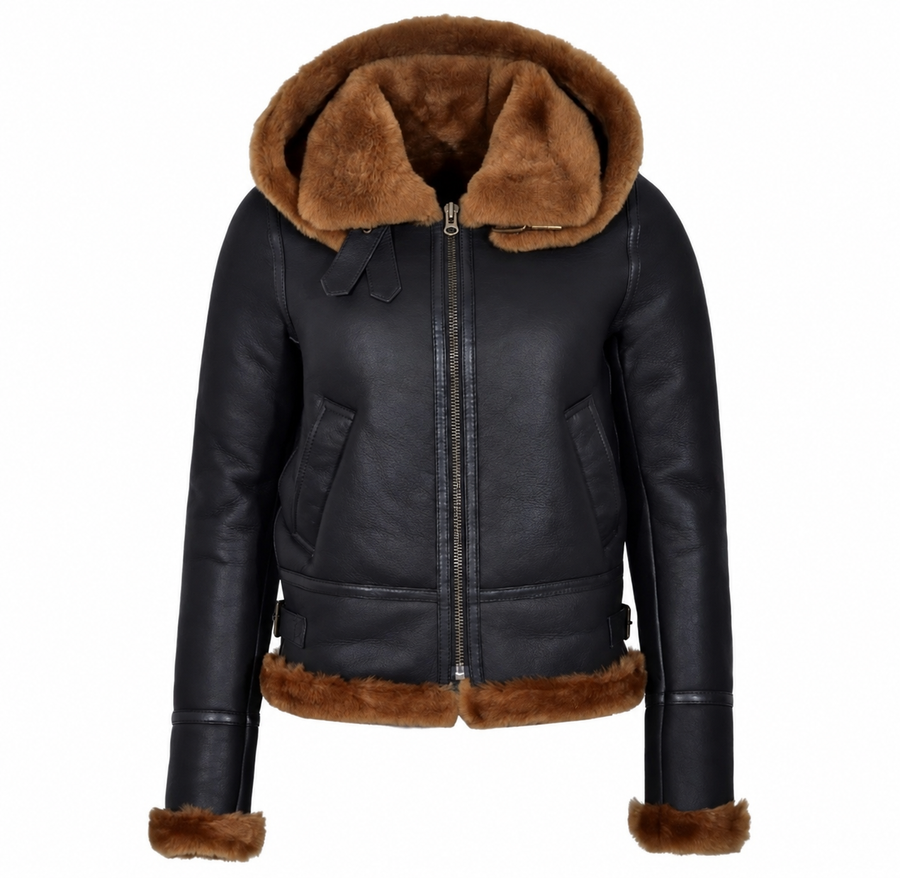 Woman’s Hooded Sheepskin Jacket Aviator B3 Style Brown / Ginger (Erin)