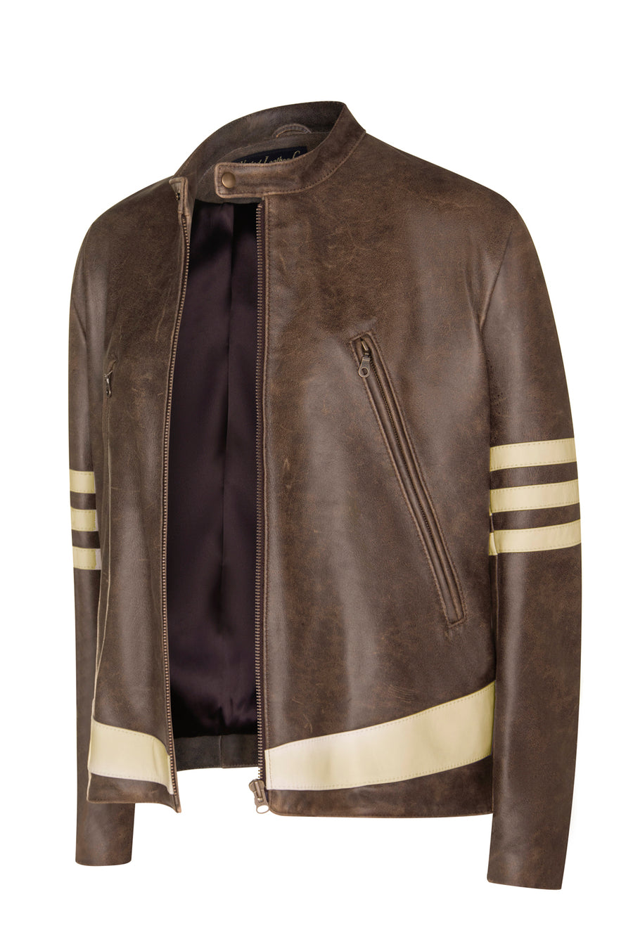 X-Men 1 Wolverine Style Leather Jacket with Cream Stripes As Worn by Hugh Jackman