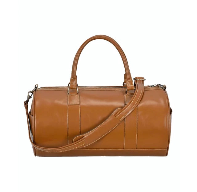 Leather Holdall Round Travel Bag In Tan