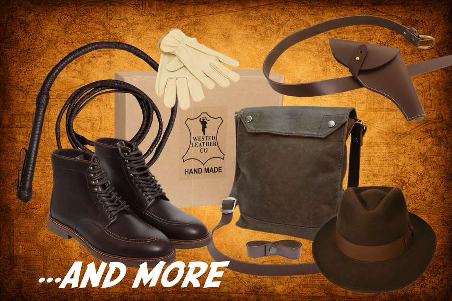 The Ultimate Indiana Jones Accessories Bundle, including hat, indy boots, gasbag with strap, adventure bag, leather whip, whip-to-belt strap, leather