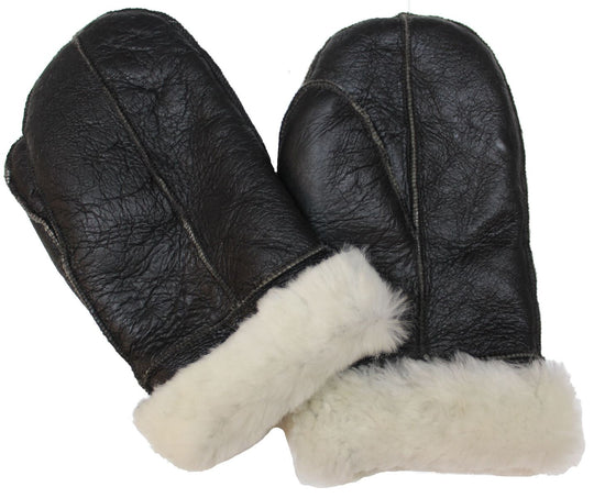 B3 Style Dark Brown & Cream Fur Sheepskin Leather WW2 Mittens