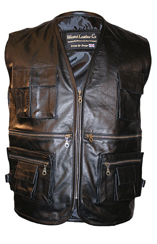 Multi-Pocket Leather Waistcoat for Biking, Hiking, Fishing and 